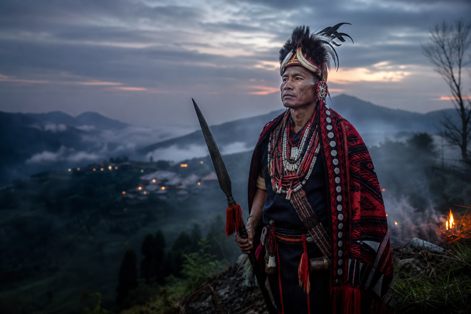Realistic generated Naga heritage warrior in the Nagaland hills